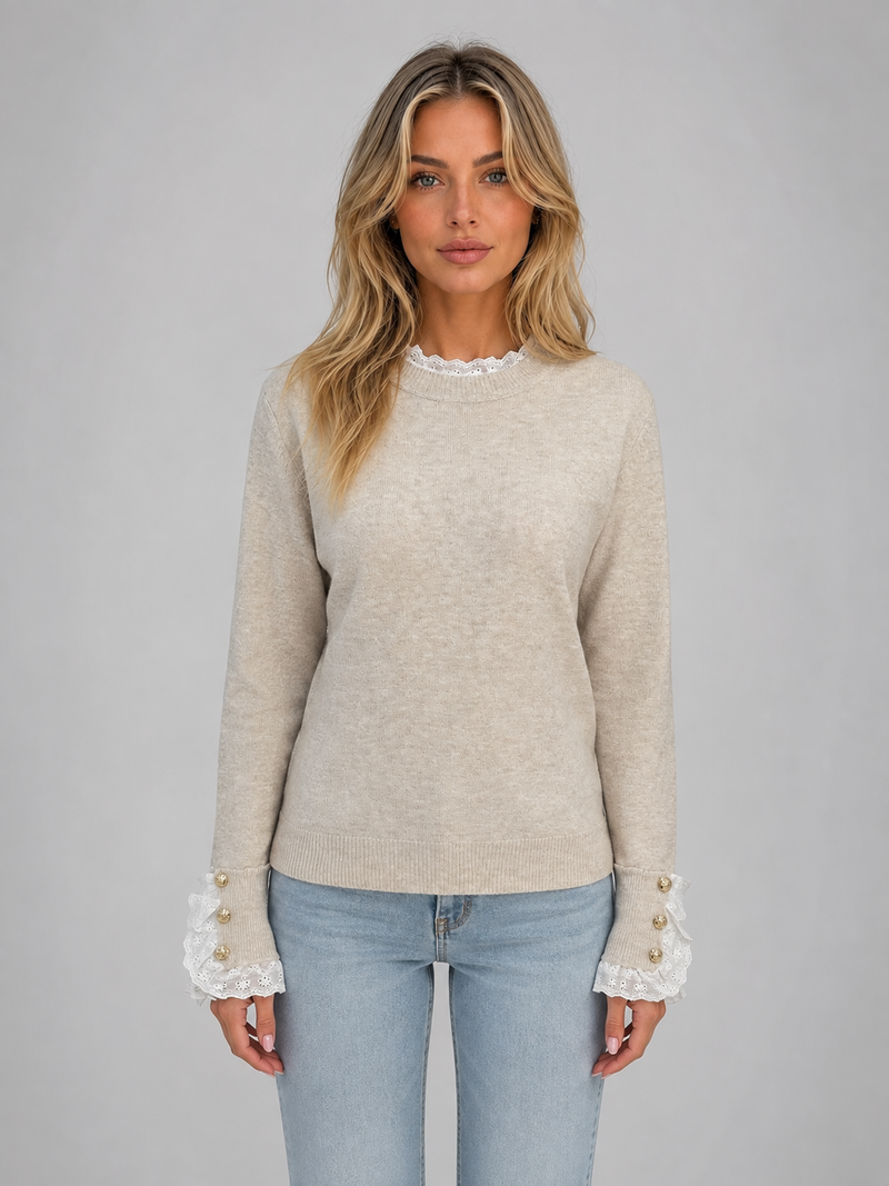 Women’s Lace Trim Knitted Jumper – Crew Neck Long Sleeve Top