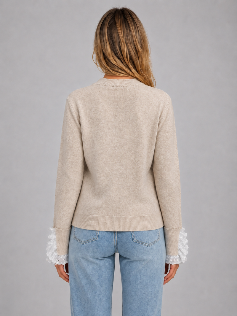 Women’s Lace Trim Knitted Jumper – Crew Neck Long Sleeve Top