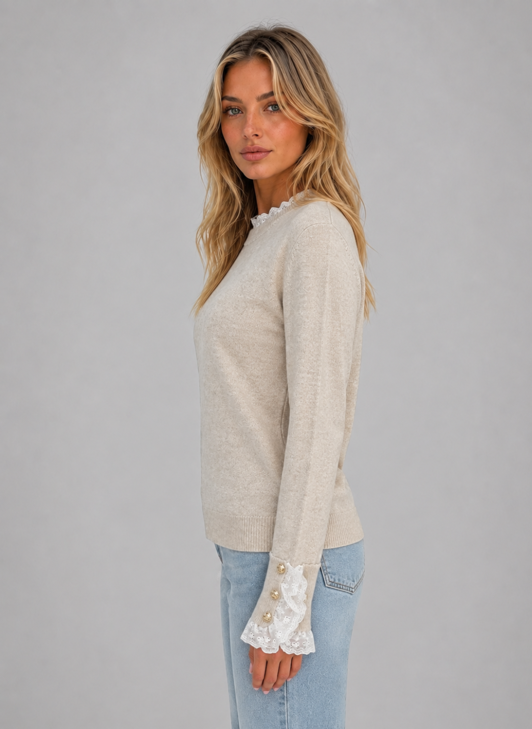 Women’s Lace Trim Knitted Jumper – Crew Neck Long Sleeve Top
