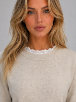 Women’s Lace Trim Knitted Jumper – Crew Neck Long Sleeve Top