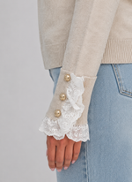 Women’s Lace Trim Knitted Jumper – Crew Neck Long Sleeve Top