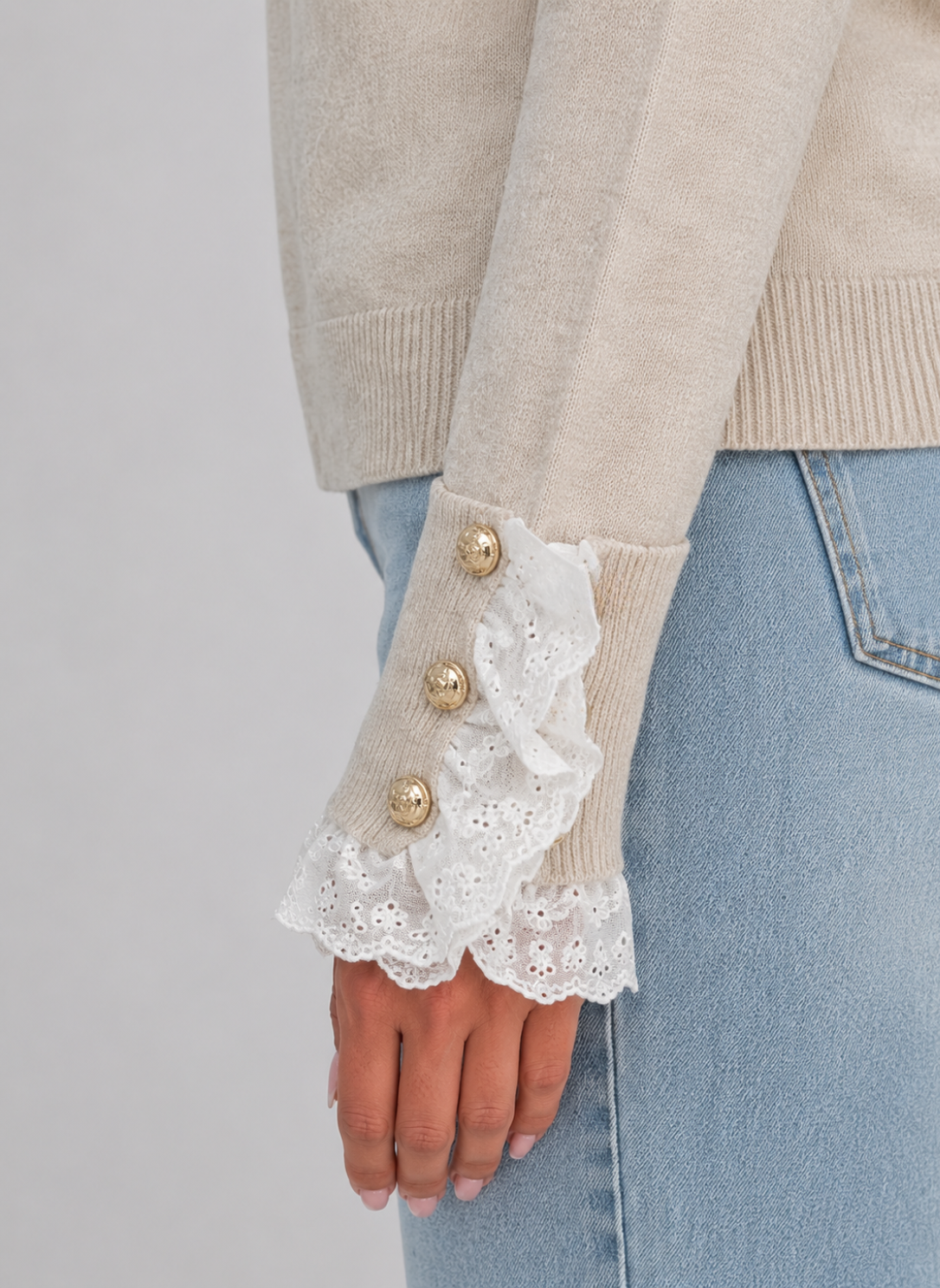 Women’s Lace Trim Knitted Jumper – Crew Neck Long Sleeve Top