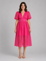 Women's Lattice Detail Puff Sleeve Midi Dress – Summer Occasion Style