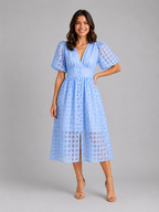 Women's Lattice Detail Puff Sleeve Midi Dress – Summer Occasion Style