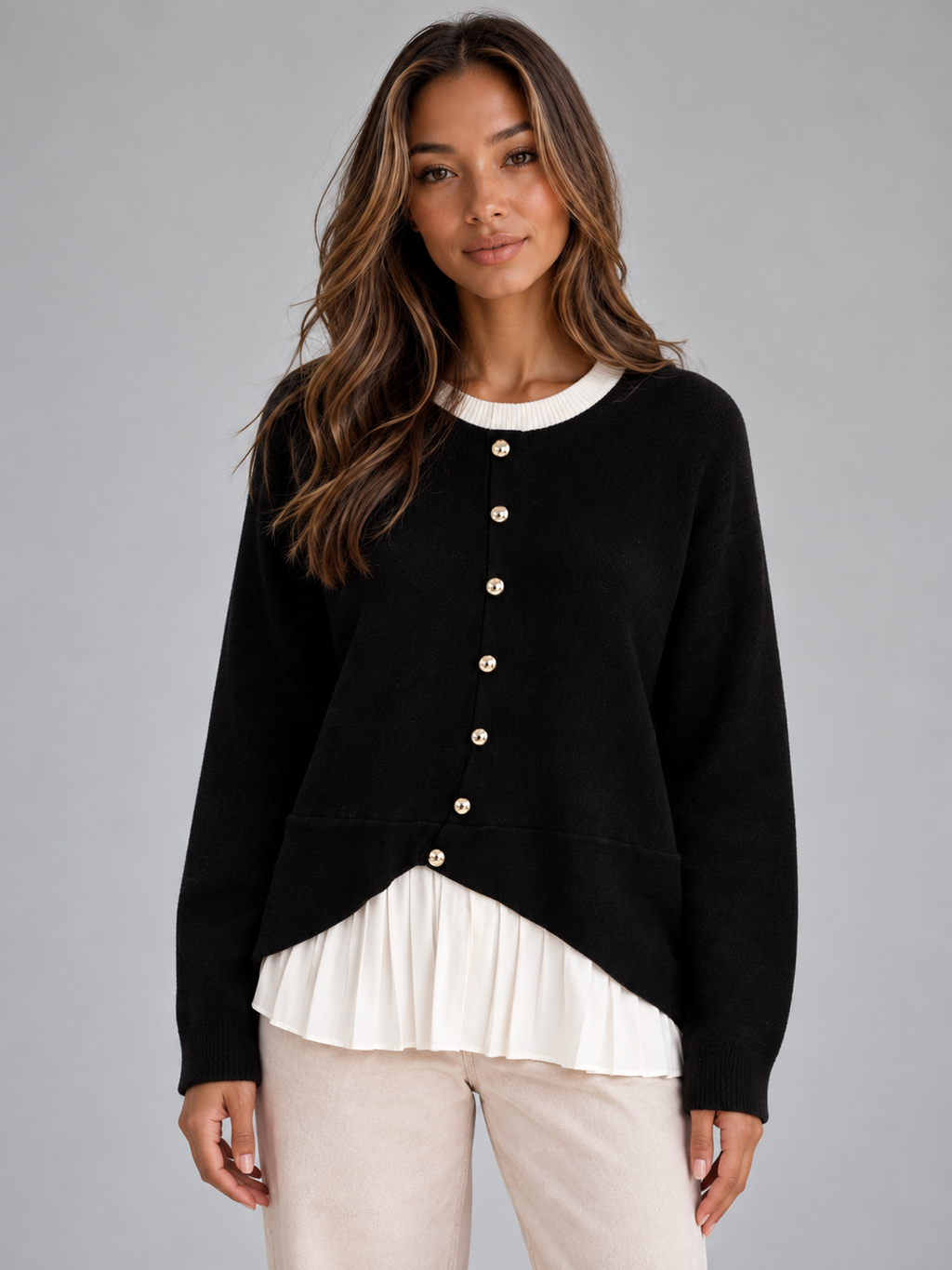 Women’s Layered Knit Cardigan – Button Front Pleated Hem Jumper