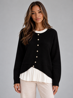 Women’s Layered Knit Cardigan – Button Front Pleated Hem Jumper
