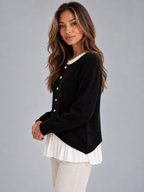 Women’s Layered Knit Cardigan – Button Front Pleated Hem Jumper