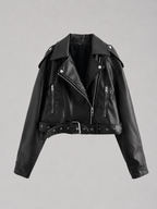 Women's Leather Look Biker Jacket – Relaxed Fit Belted Moto Style
