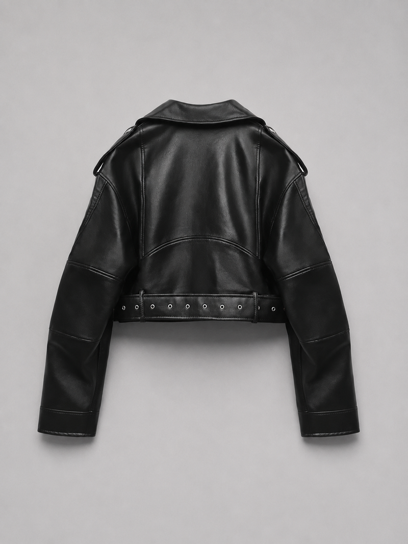 Women's Leather Look Biker Jacket – Relaxed Fit Belted Moto Style