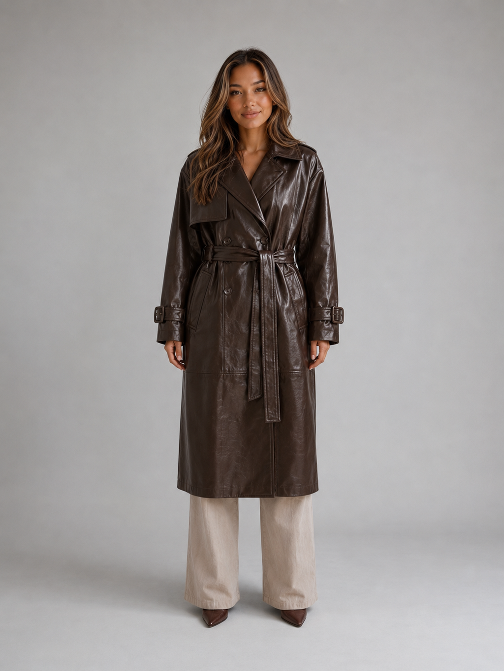 Women’s Leather Look Trench Coat – Long Double Breasted Belted Jacket