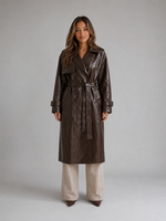 Women’s Leather Look Trench Coat – Long Double Breasted Belted Jacket