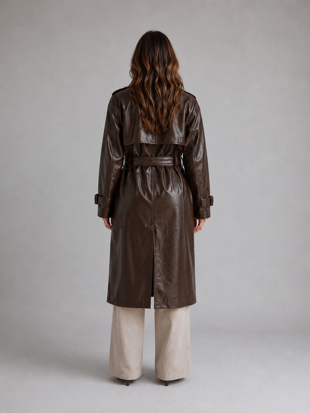 Women’s Leather Look Trench Coat – Long Double Breasted Belted Jacket