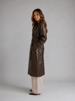 Women’s Leather Look Trench Coat – Long Double Breasted Belted Jacket