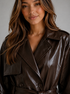 Women’s Leather Look Trench Coat – Long Double Breasted Belted Jacket