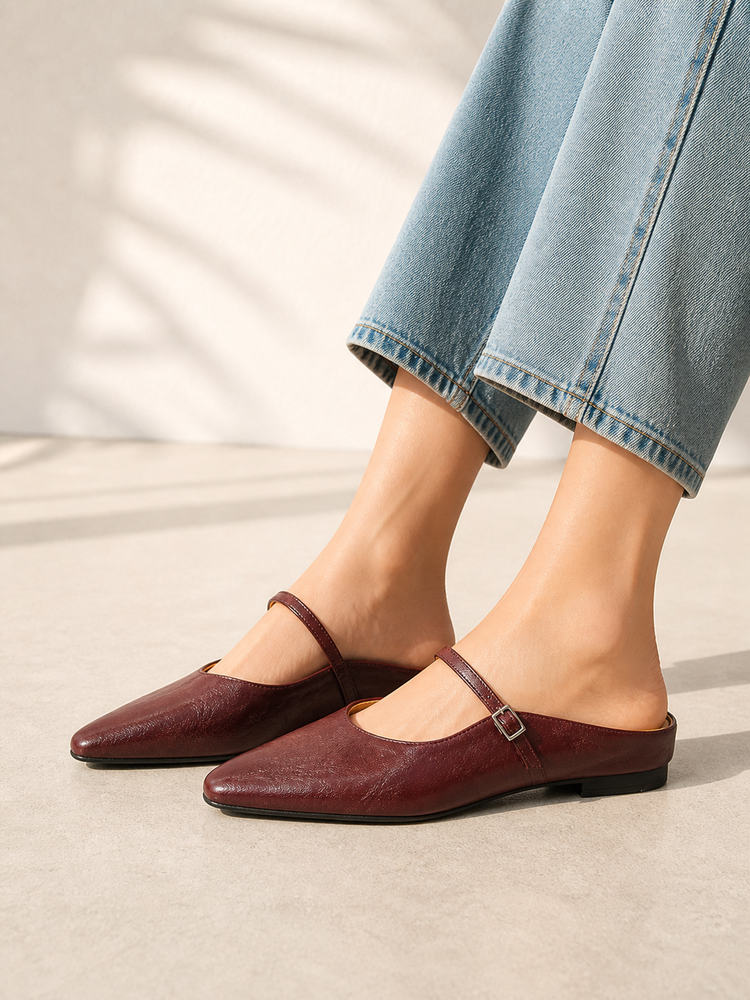 Women’s Leather Mary Jane Mules – Pointed Toe Minimal Design