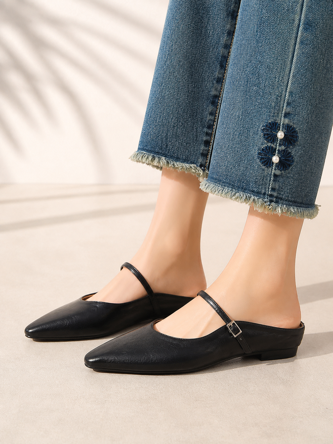 Women’s Leather Mary Jane Mules – Pointed Toe Minimal Design