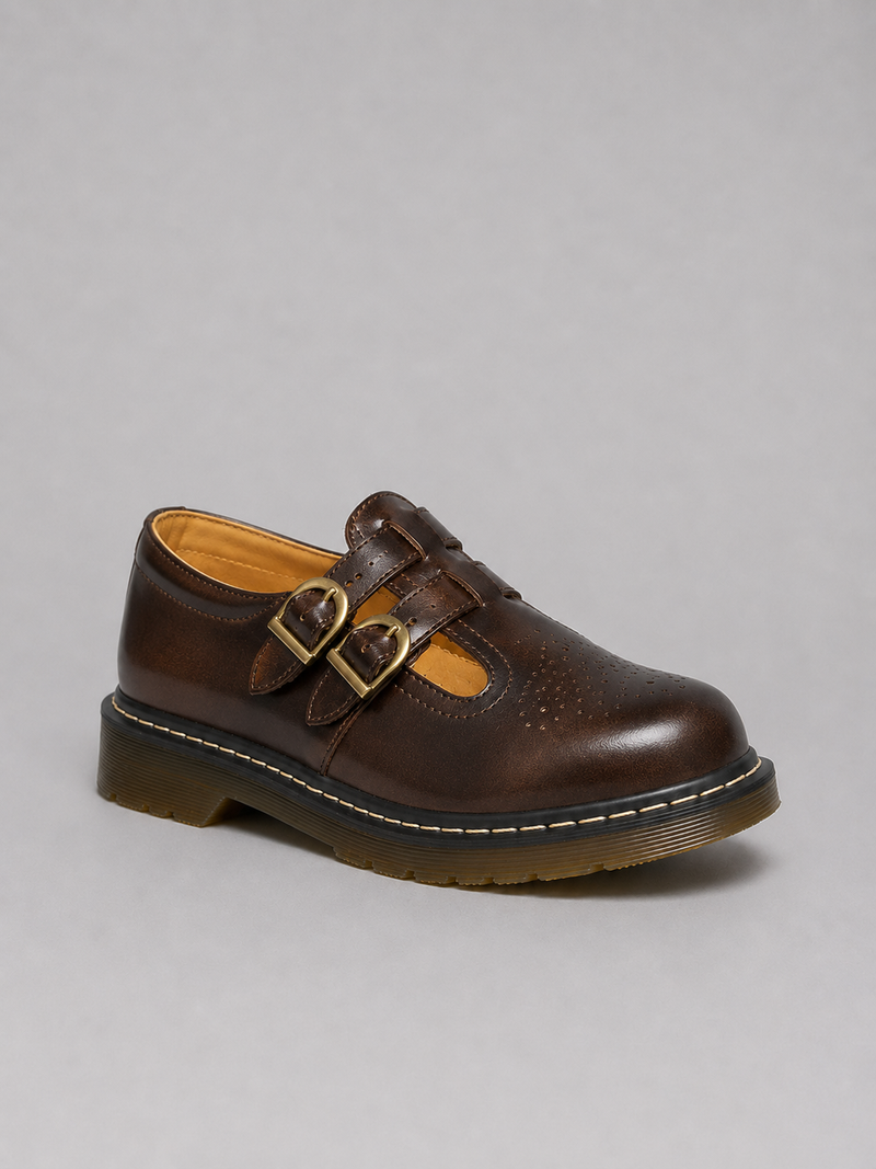Women’s Leather Mary Jane Shoes – Double Buckle Chunky Sole Flats