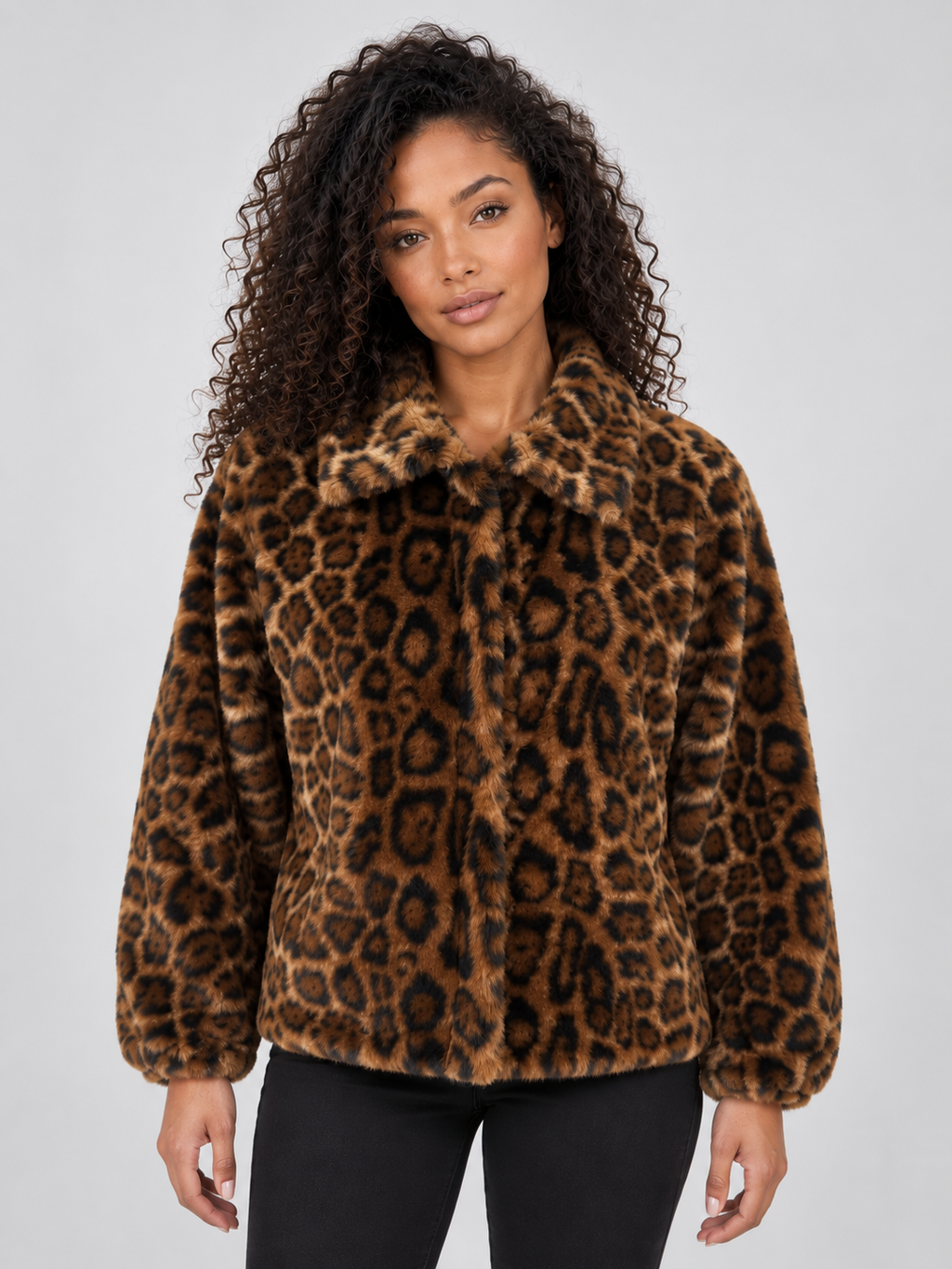 Women’s Leopard Print Faux Fur Jacket – Soft Plush Winter Coat