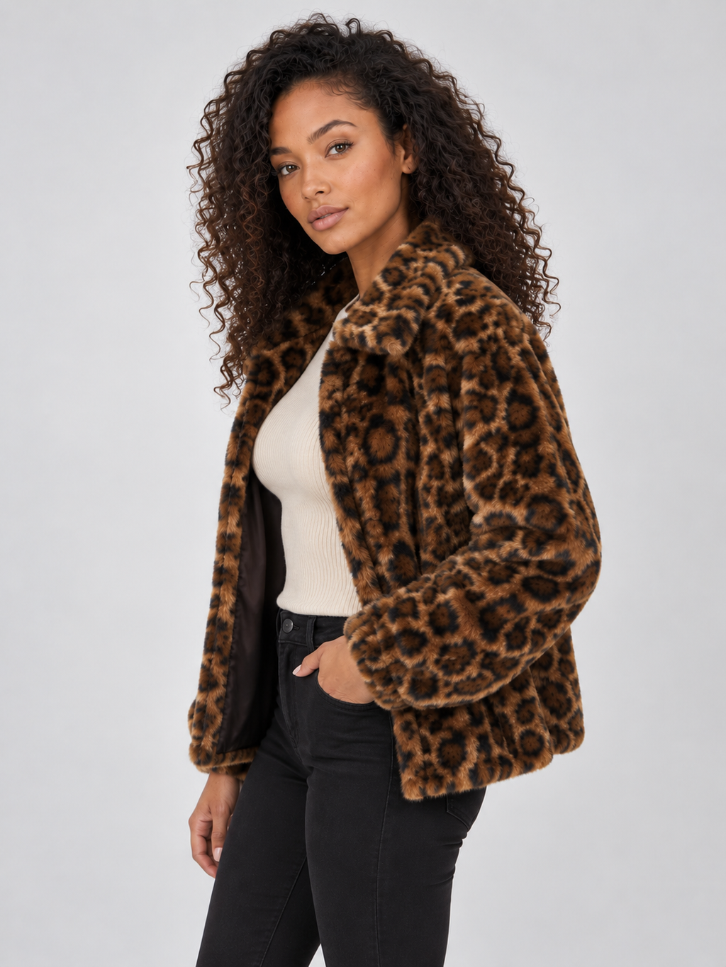 Women’s Leopard Print Faux Fur Jacket – Soft Plush Winter Coat