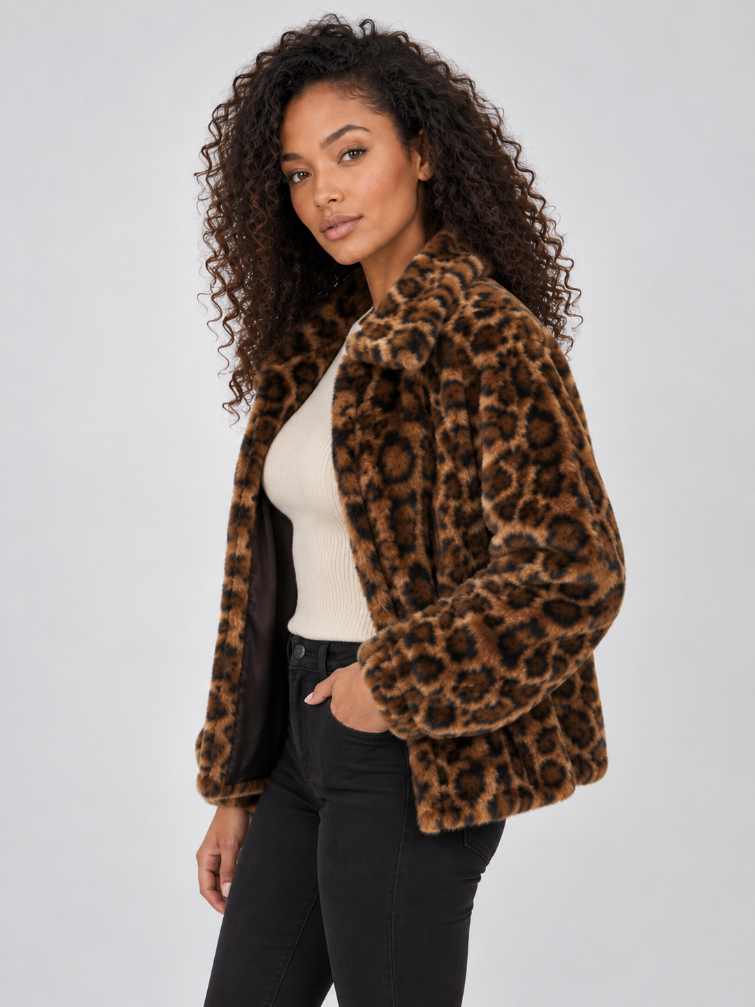 Women’s Leopard Print Faux Fur Jacket – Soft Plush Winter Coat