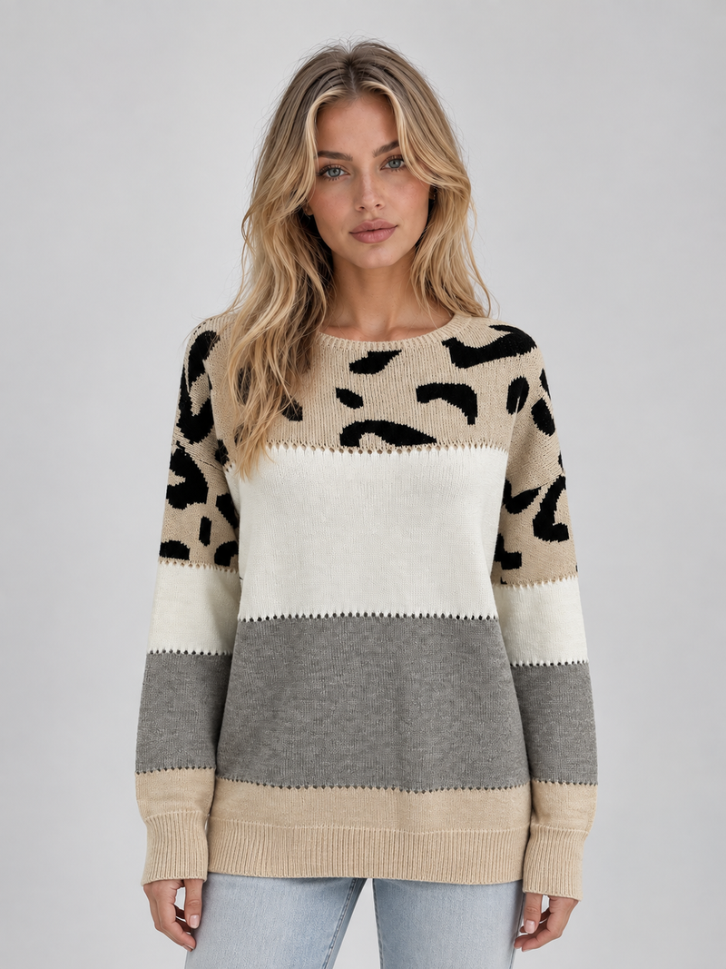 Women’s Leopard Print Jumper – Relaxed Crew Neck Knit Sweater