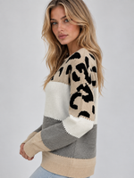 Women’s Leopard Print Jumper – Relaxed Crew Neck Knit Sweater