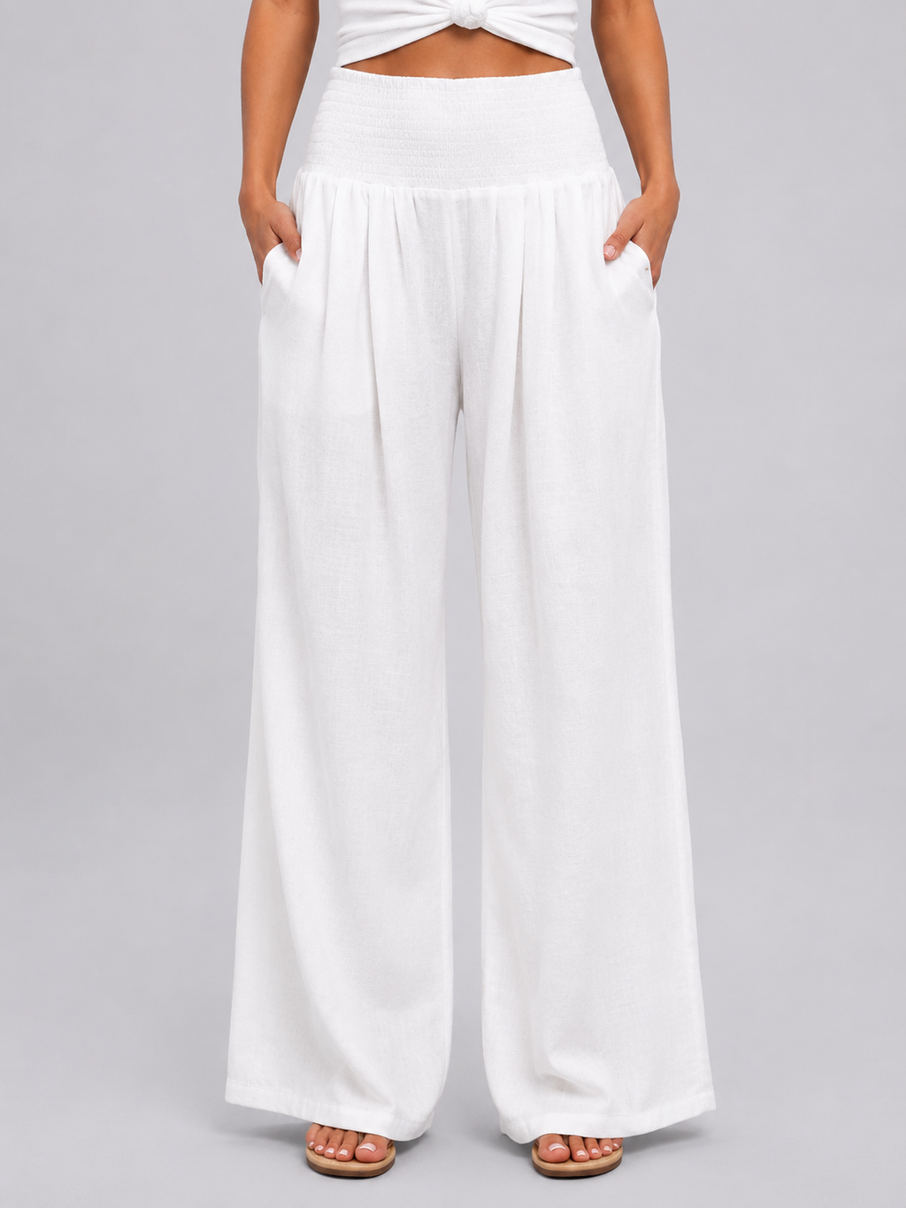 Women’s Linen Look Wide Leg Trousers – Smocked High Waist Summer Style