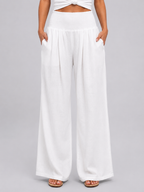 Women’s Linen Look Wide Leg Trousers – Smocked High Waist Summer Style