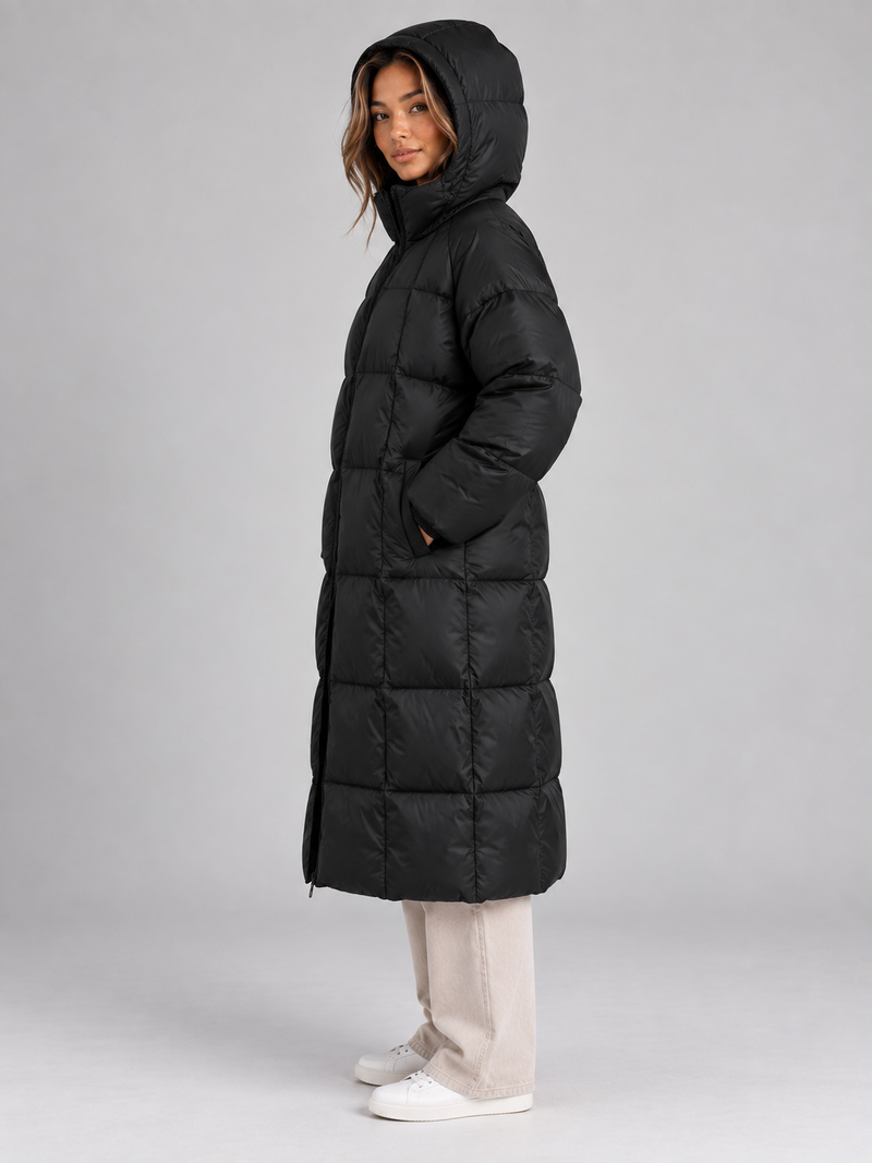 Women’s Long Hooded Puffer Coat – Padded Full Zip Winter Jacket