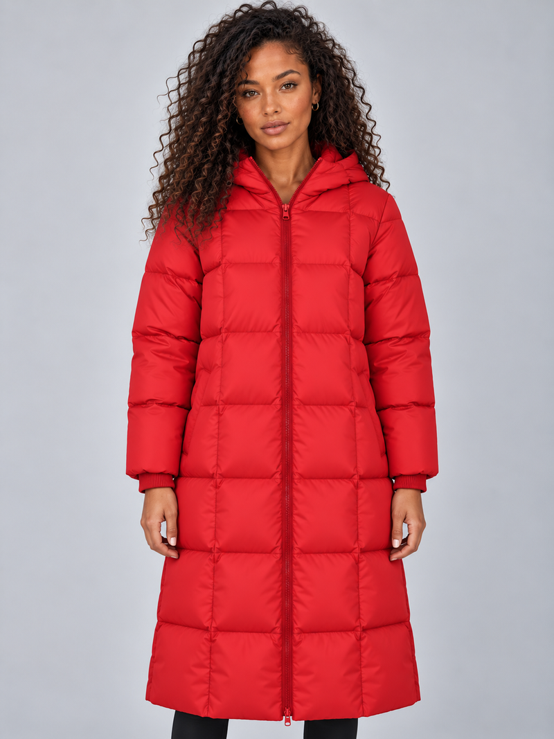 Women’s Long Hooded Puffer Coat – Full Zip Padded Winter Jacket