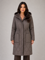 Women’s Long Quilted Puffer Coat – Faux Fur Collar Winter Coat
