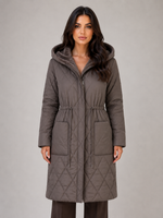 Women’s Long Quilted Puffer Coat – Faux Fur Collar Winter Coat