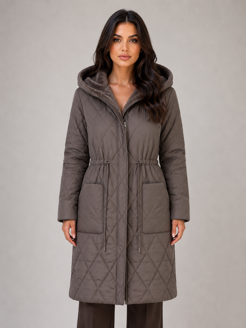 Women’s Long Quilted Puffer Coat – Faux Fur Collar Winter Coat