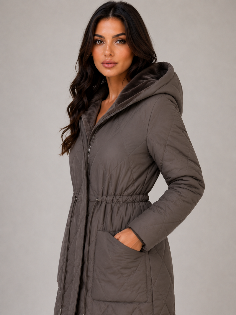 Women’s Long Quilted Puffer Coat – Faux Fur Collar Winter Coat