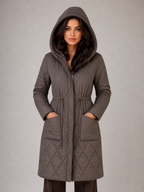 Women’s Long Quilted Puffer Coat – Faux Fur Collar Winter Coat
