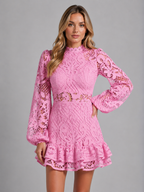 Women's Long Sleeve Lace Mini Dress – High Neck Cut Out Style