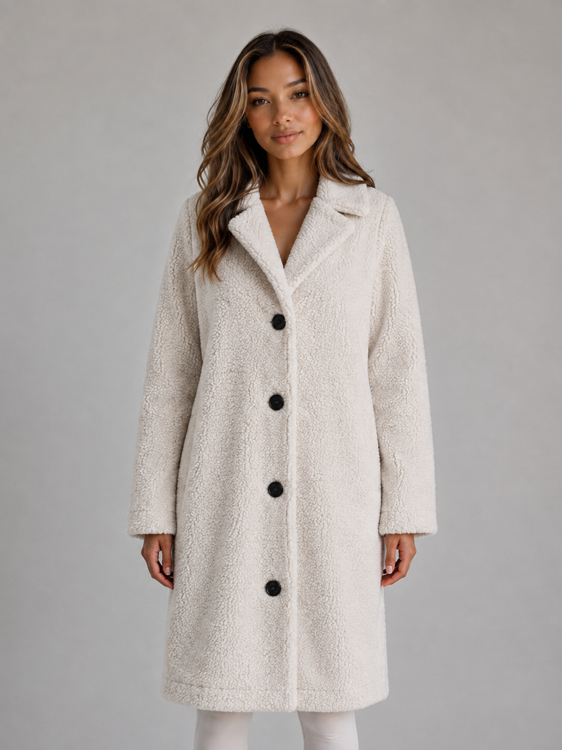 Women's Long Teddy Fleece Coat – Button Front Borg Jacket