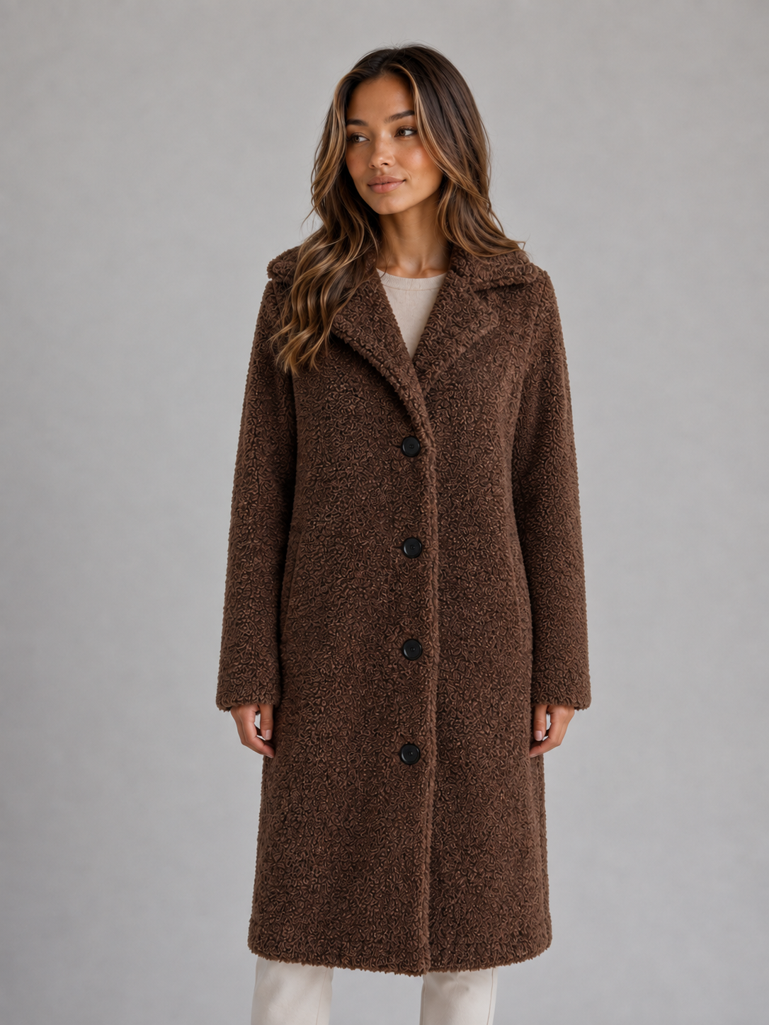 Women's Long Teddy Fleece Coat – Button Front Borg Jacket