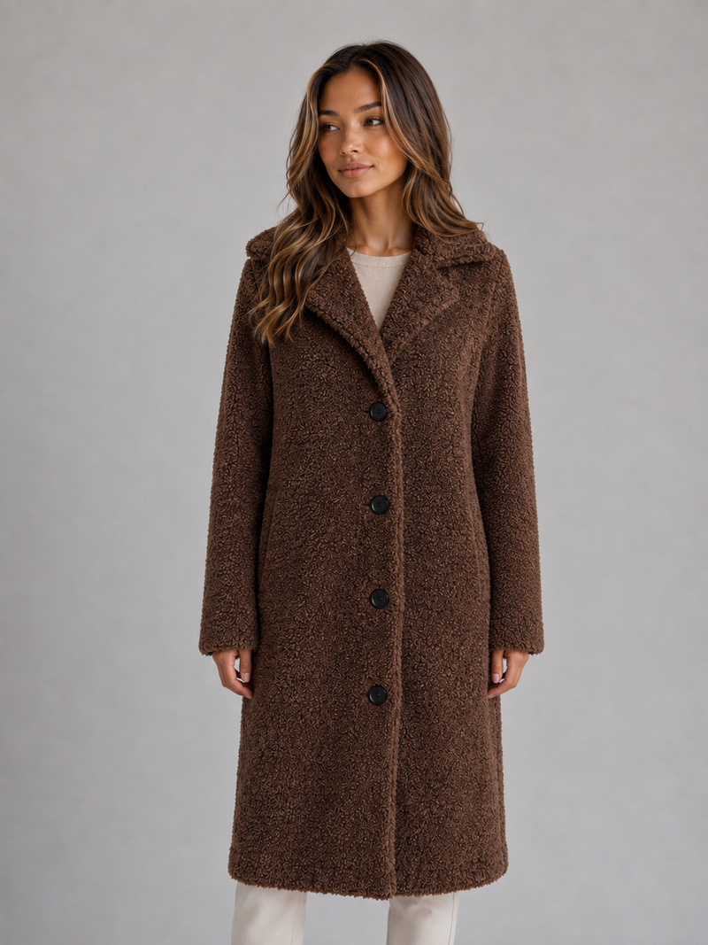 Women's Long Teddy Fleece Coat – Button Front Borg Jacket