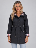 Women’s Longline Hooded Raincoat – Zip Up Parka with Adjustable Drawstring Waist