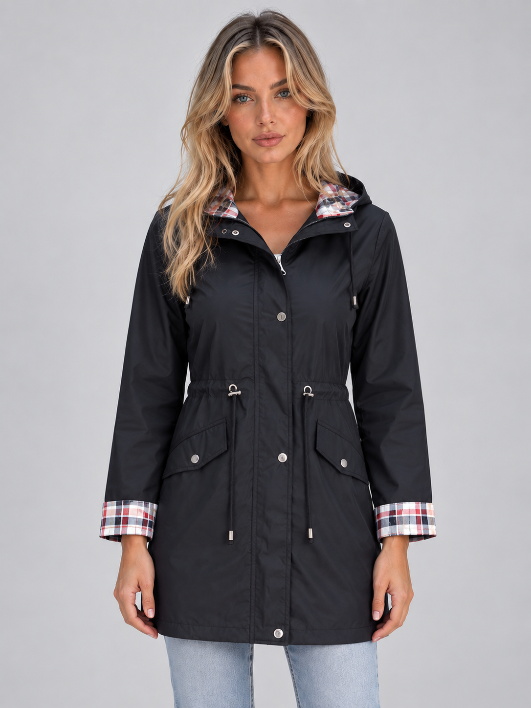 Women’s Longline Hooded Raincoat – Zip Up Parka with Adjustable Drawstring Waist