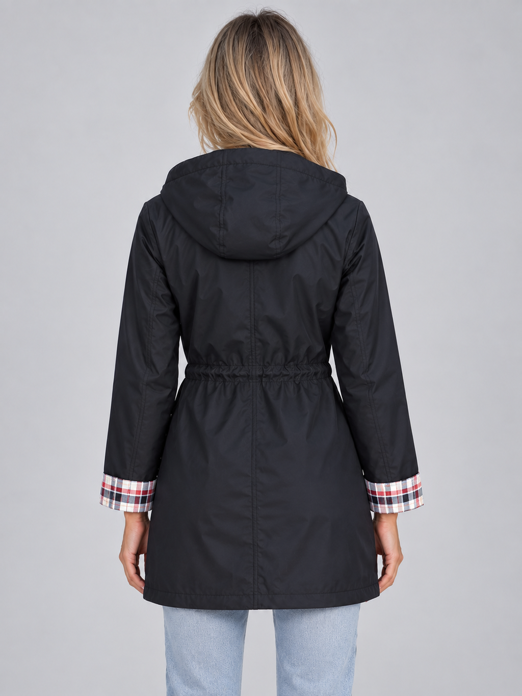 Women’s Longline Hooded Raincoat – Zip Up Parka with Adjustable Drawstring Waist