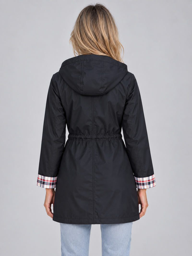 Women’s Longline Hooded Raincoat – Zip Up Parka with Adjustable Drawstring Waist
