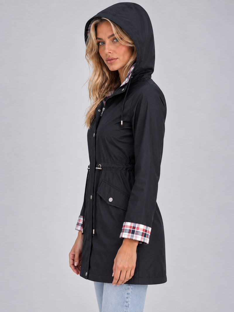 Women’s Longline Hooded Raincoat – Zip Up Parka with Adjustable Drawstring Waist