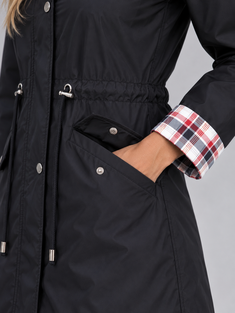 Women’s Longline Hooded Raincoat – Zip Up Parka with Adjustable Drawstring Waist