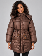 Women’s Longline Puffer Jacket – Hooded Quilted Coat with Drawstring Waist