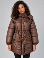 Women’s Longline Puffer Jacket – Hooded Quilted Coat with Drawstring Waist