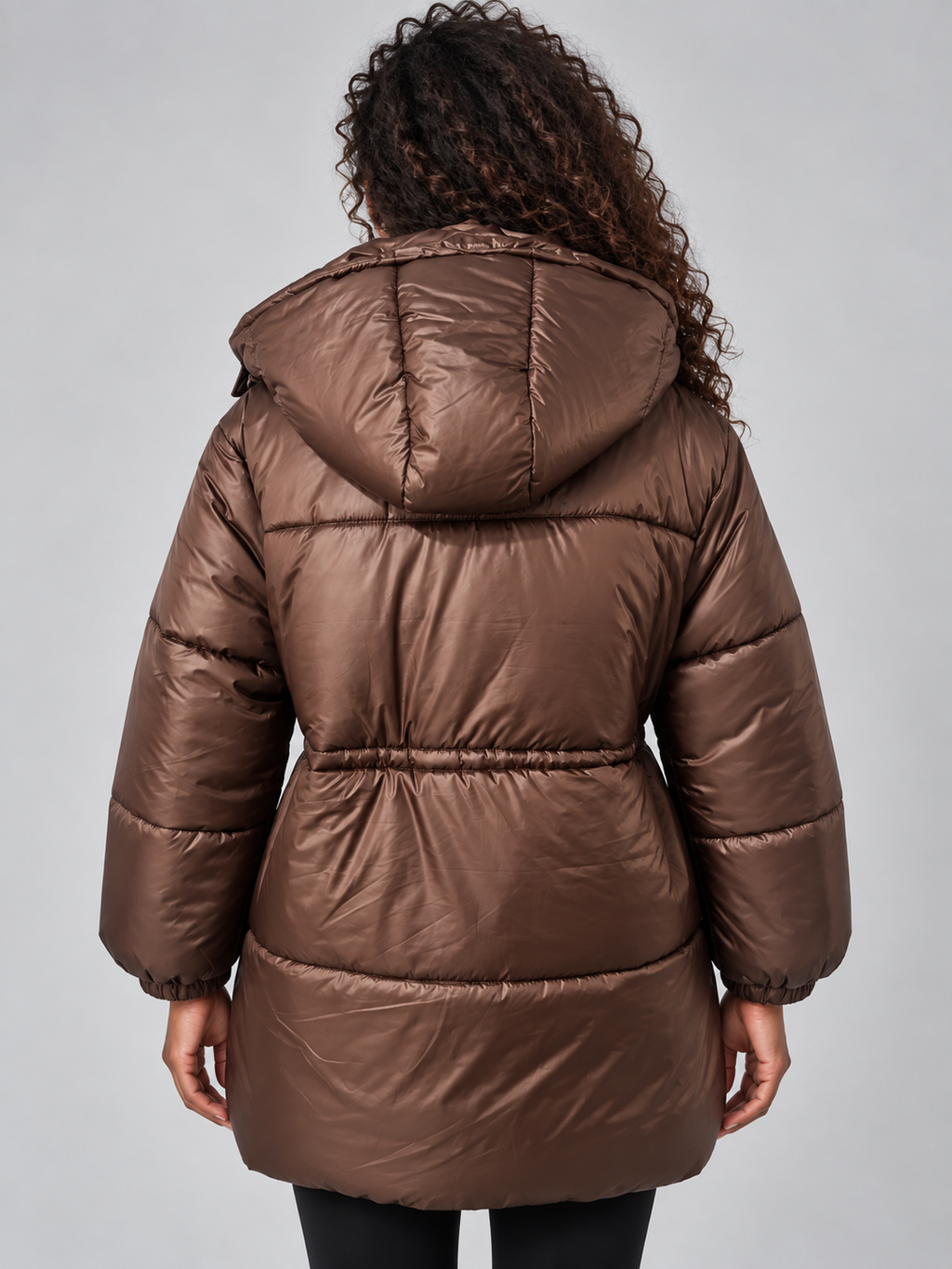 Women’s Longline Puffer Jacket – Hooded Quilted Coat with Drawstring Waist