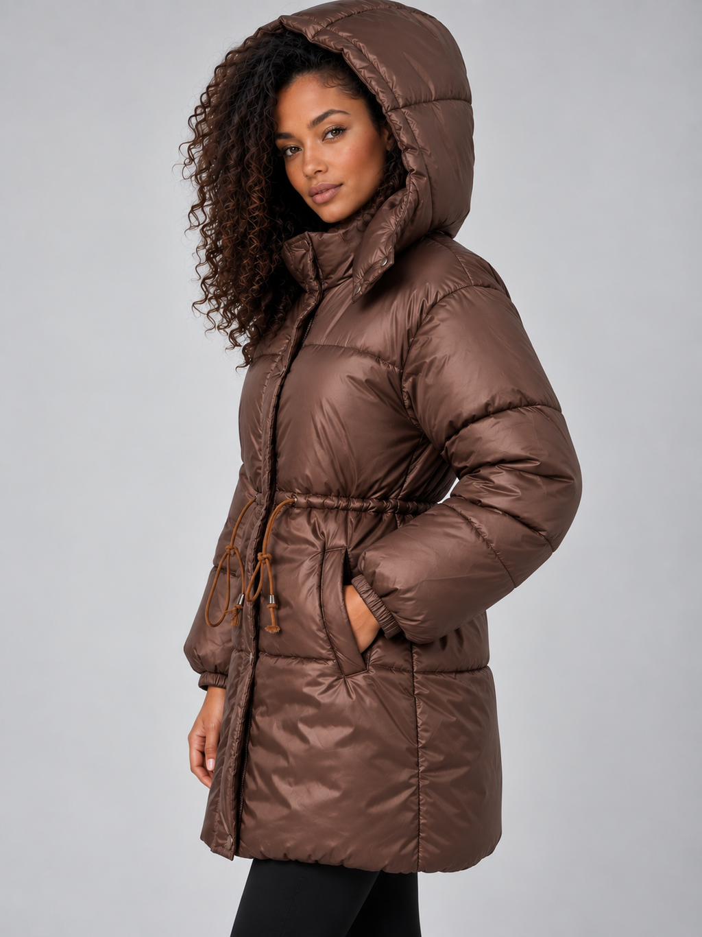Women’s Longline Puffer Jacket – Hooded Quilted Coat with Drawstring Waist