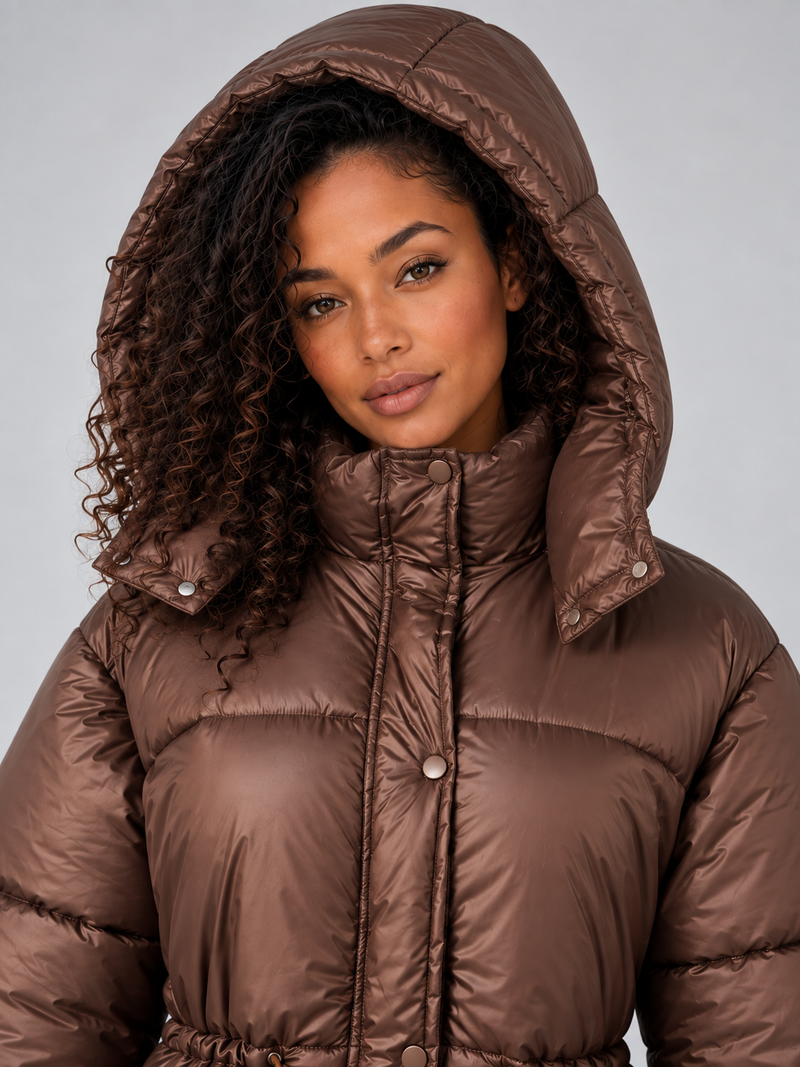 Women’s Longline Puffer Jacket – Hooded Quilted Coat with Drawstring Waist